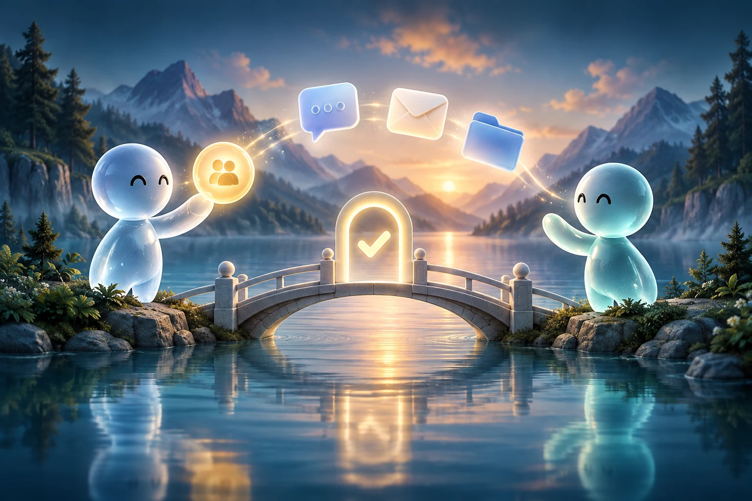 Invited friends exchange messages, mail and files through a permission gate.