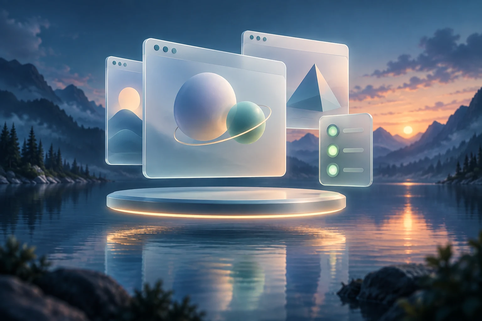 Stacked app windows and a compact system status panel above a lake.