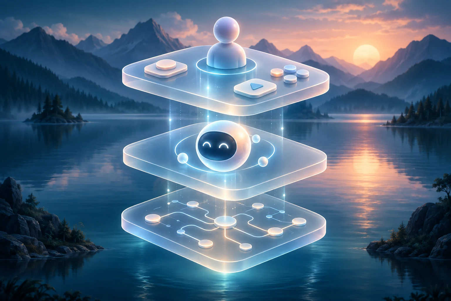 Three app layers: core code, an agent interface and a human interface.